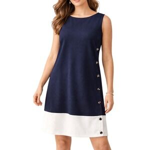 Andrew Marc Navy Blue White Colorblock Side Button Sleeveless Shift Dress 16